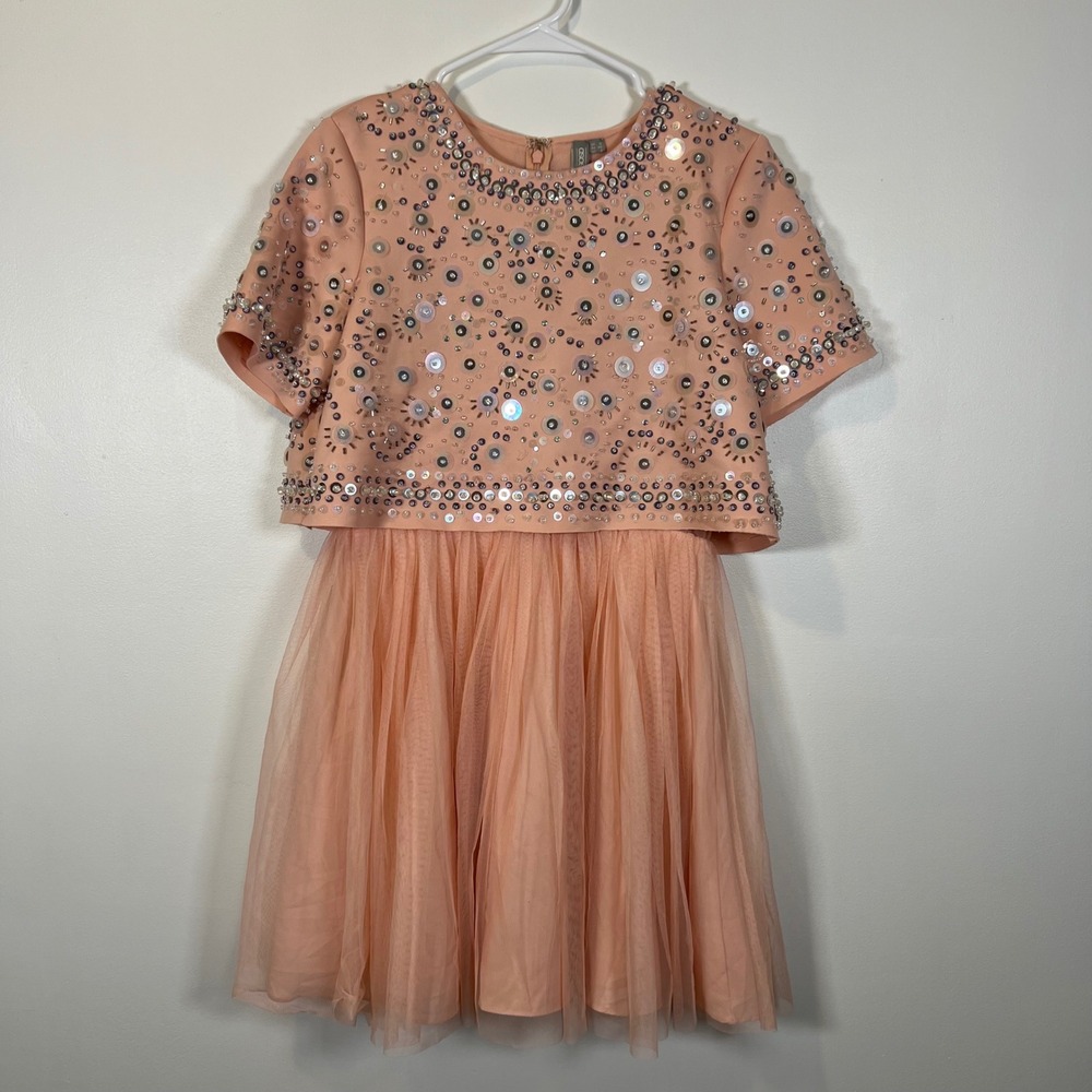 ASOS Peach Sequin Embellished Crop Top Tulle Mini Dress Pink Short Sleeve Sz 8